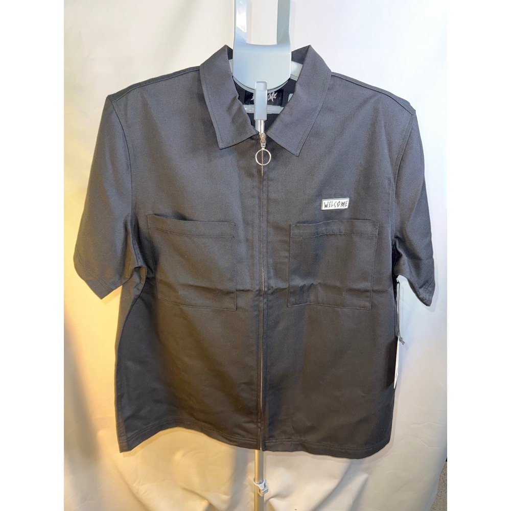 Welcome Skateboards Mens Baphomet Zip Up Work Shirt Black SS Button Up Large NWT